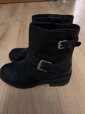 Lucky Brand Black Leather Buckle Moto Ankle Boots